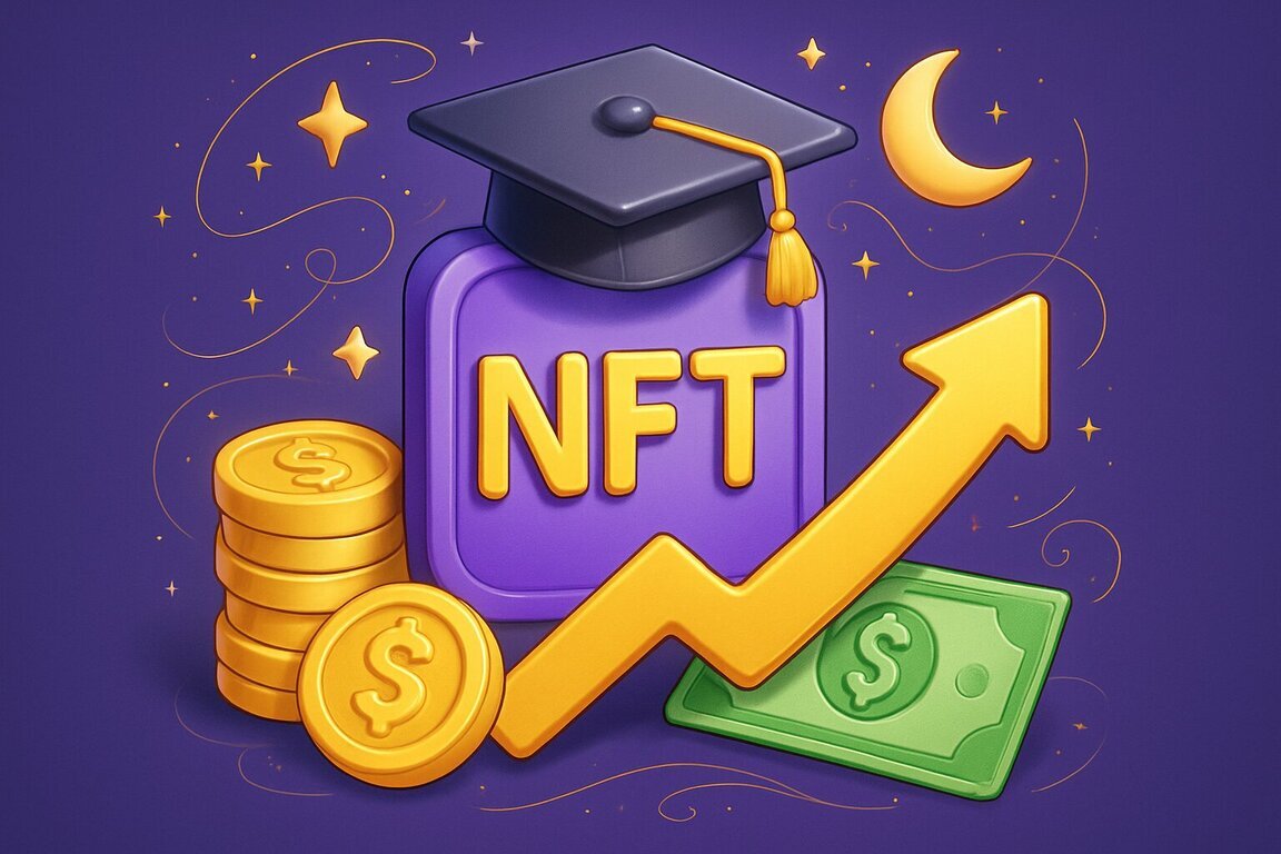 NFT라는 글자가 적힌 보라색 상자 위에 학사모가 놓여 있고, 옆에는 금화와 지폐, 상승 곡선을 그리는 화살표가 있다. 배경에는 별과 달이 장식되어 있다.