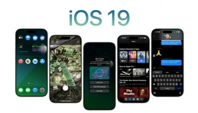 iOS 19라는 텍스트 위에 다섯 대의 아이폰이 나란히 서 있고, 각각 다른 iOS 화면(홈 화면, 카메라, 설정 등)이 표시되어 있다.
