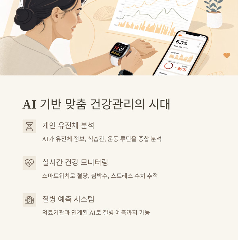 여성이 스마트워치를 착용하고 건강 데이터를 확인하는 장면. 테이블 위에는 건강 모니터링 그래프와 스마트폰이 놓여 있다. 아래에는 'AI 기반 맞춤 건강관리의 시대'라는 문구와 개인 유전체 분석, 실시간 건강 모니터링, 질병 예측 시스템에 대한 설명이 적혀 있다.