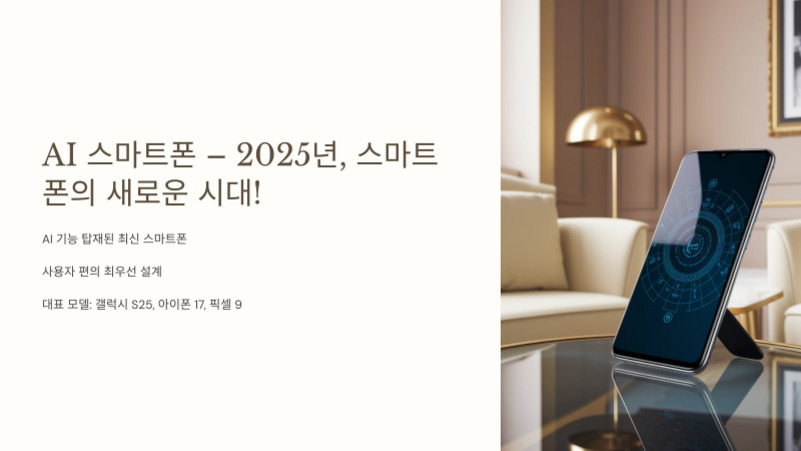 AI 기능이 탑재된 2025년형 스마트폰을 소개하는 광고 이미지로, 왼쪽에는 'AI 스마트폰 – 2025년, 스마트폰의 새로운 시대!'라는 문구와 주요 특징이 적혀 있고, 오른쪽에는 스탠드에 세워진 최신 스마트폰이 고급스러운 거실 배경 위에 놓여 있다.