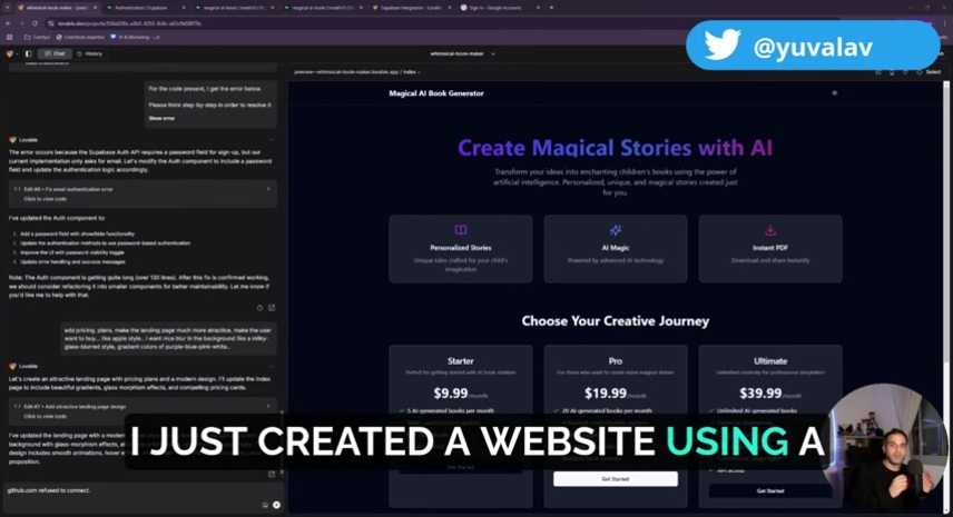 한 남성이 하단 오른쪽 구석에 나타나 설명을 하고 있고, 중앙에는 'Create Maqical Stories with AI'라는 제목의 웹사이트가 보인다. 화면 상단에는 트위터 핸들 '@yuvalav'가 표시되어 있으며, 하단에는 'I JUST CREATED A WEBSITE USING A'라는 자막이 있다.