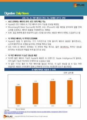 iOS 19와 AI 관련 업데이트 소식을 다루는 Digestive Daily News 뉴스레터 이미지. 주요 내용에는 iOS 19의 새로운 배터리 관리 기능, 애플 인텔리전스 도입, 그리고 아이폰 배터리 수명에 관한 그래프가 포함되어 있다. 하단에는 연도별 스마트폰 교체 주기 변화 그래프가 오렌지색 막대로 나타나 있다.
