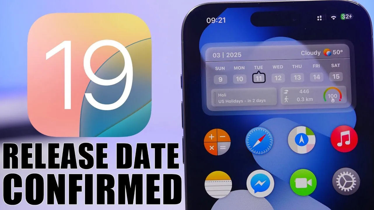 iOS 19 로고와 스마트폰 화면, 하단에는 'RELEASE DATE CONFIRMED'라는 문구가 크게 표시되어 있음.