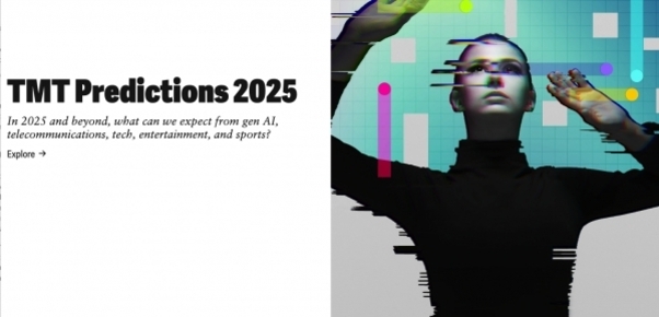 왼쪽에는 'TMT Predictions 2025'라는 제목과 함께 기술, AI, 통신, 엔터테인먼트 및 스포츠의 미래 예측에 관한 문구가 있고, 오른쪽에는 디지털 글리치 효과가 적용된 사람의 이미지와 다양한 색상의 기하학적 도형이 배경에 있는 모습.
