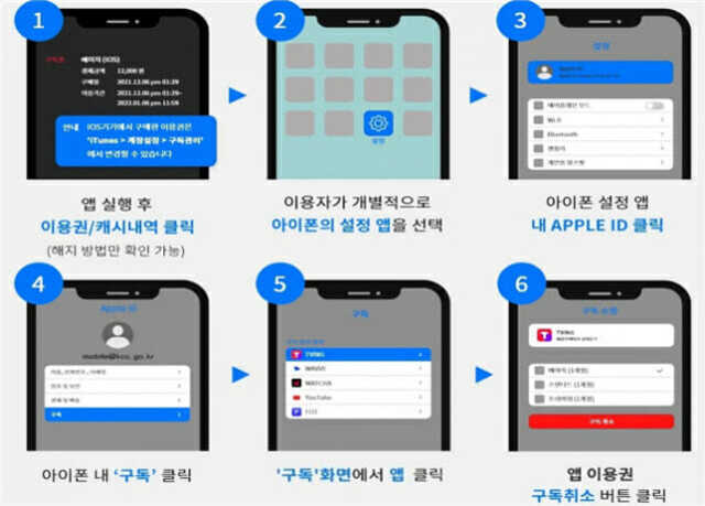 아이폰에서 앱 구독 취소 방법을 6단계로 설명한 안내 이미지. 각 단계별로 스마트폰 화면 예시와 함께 파란색 강조 텍스트로 클릭해야 하는 메뉴가 표시되어 있다.