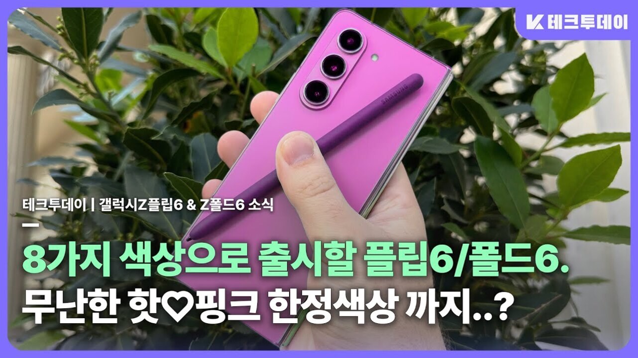 한 사람이 분홍색 갤럭시 스마트폰과 보라색 S펜을 손에 들고 있으며, 배경에는 초록색 나뭇잎이 있다. 화면에는 '8가지 색상으로 출시할 플립6/폴드6. 무난한 핫핑크 한정색상까지..?'라는 문구가 적혀 있다.