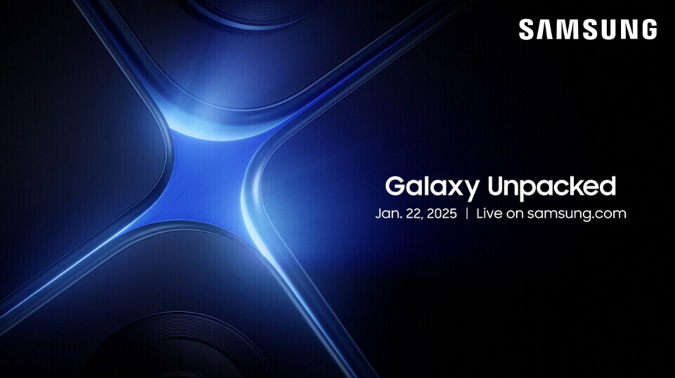 삼성 로고와 함께 'Galaxy Unpacked' 이벤트가 2025년 1월 22일에 samsung.com에서 생중계된다는 안내 문구가 있는 이미지. 중앙에는 파란색 빛이 강조된 추상적인 그래픽이 있다.