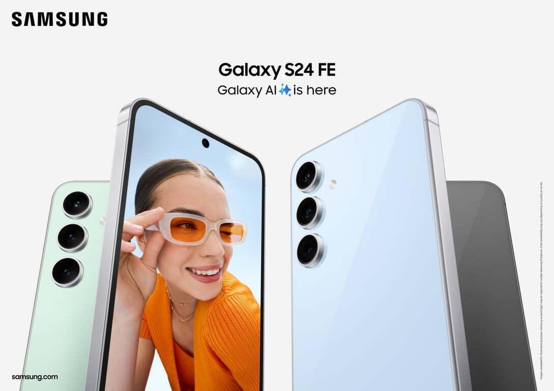 삼성 Galaxy S24 FE 스마트폰 광고 이미지로, 전면과 후면 디자인이 보이며, 화면에는 주황색 옷을 입고 선글라스를 쓴 여성이 등장함. 상단에는 'Galaxy S24 FE'와 'Galaxy AI is here'라는 문구가 있음.