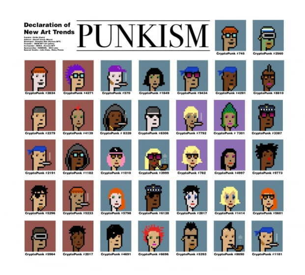 여러 개의 크립토펑크(CryptoPunk) 픽셀 아트 캐릭터들이 그리드 형태로 배열된 이미지. 상단에는 'PUNKISM'이라는 큰 글씨와 'Declaration of New Art Trends'라는 문구가 있다.