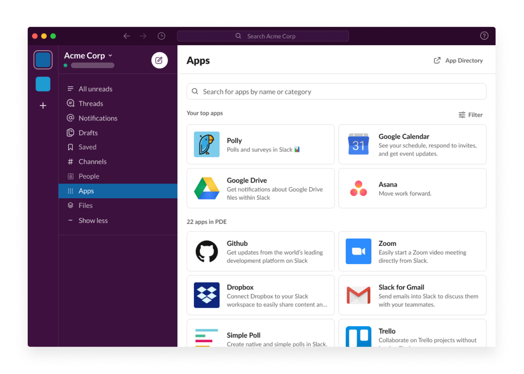 슬랙(Slack) 앱의 사이드바와 'Apps' 섹션 화면으로, 다양한 앱(Polly, Google Calendar, Google Drive, Asana 등)이 리스트로 표시되어 있다.