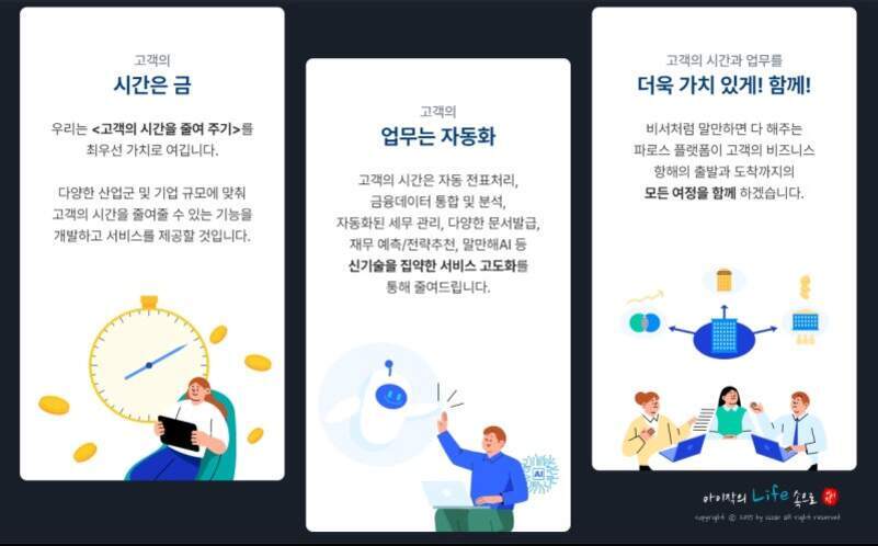 세 개의 패널로 구성된 안내 이미지. 왼쪽에는 '고객의 시간은 금'이라는 문구와 시계, 노트북을 든 사람이 그려져 있다. 가운데에는 '업무는 자동화'라는 제목과 로봇 아이콘, 컴퓨터를 사용하는 남성이 보인다. 오른쪽에는 '더욱 가치 있게! 함께!'라는 제목과 여러 명의 사람들이 노트북으로 협업하는 모습이 일러스트로 표현되어 있다.