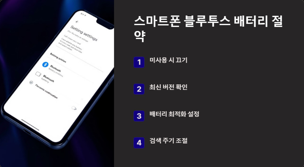 스마트폰 블루투스 배터리 절약 방법을 안내하는 이미지로, 왼쪽에는 블루투스 설정 화면이 보이고 오른쪽에는 '미사용 시 끄기', '최신 버전 확인', '배터리 최적화 설정', '검색 주기 조절'의 네 가지 절약 팁이 나와 있다.