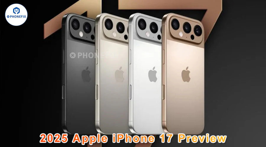 네 가지 색상의 아이폰 17이 세워진 채로 나란히 진열되어 있으며, 상단에는 '2025 Apple iPhone 17 Preview'라는 글자가 있다.