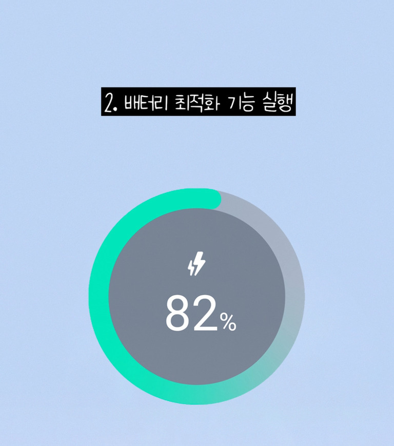 '2. 배터리 최적화 기능 실행'이라는 문구와 함께, 82%로 표시된 원형 배터리 잔량 그래프가 있는 이미지