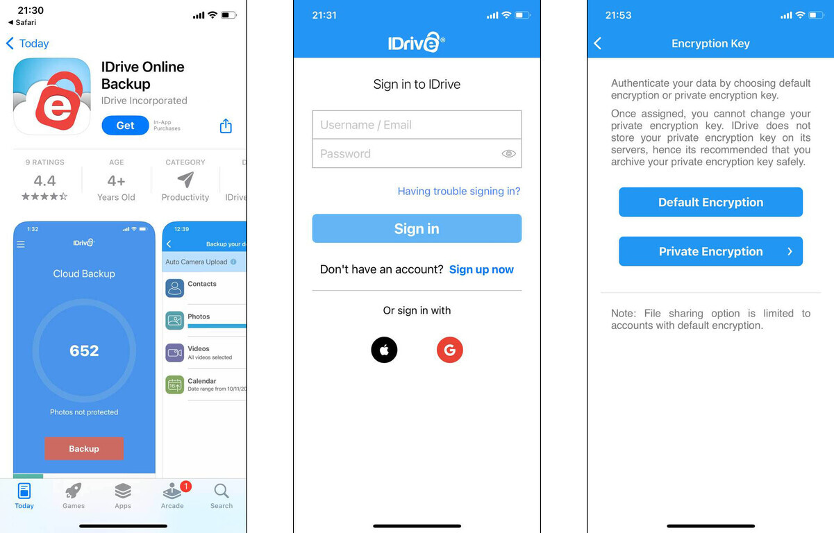 IDrive Online Backup 앱의 다운로드 화면, 로그인 화면, 암호화 키 선택 화면이 순서대로 나와 있다.