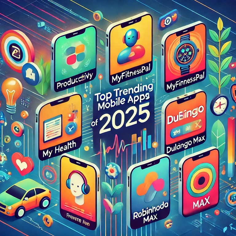 2025년 인기 모바일 앱 트렌드를 보여주는 이미지로, 다양한 스마트폰 화면에 Productivity, MyFitnessPal, My Health, Duolingo Max 등 여러 앱 아이콘과 이름이 나타나 있다. 주변에는 자동차, 전구, 식물 등 기술 및 라이프스타일 관련 아이콘들이 장식되어 있다.