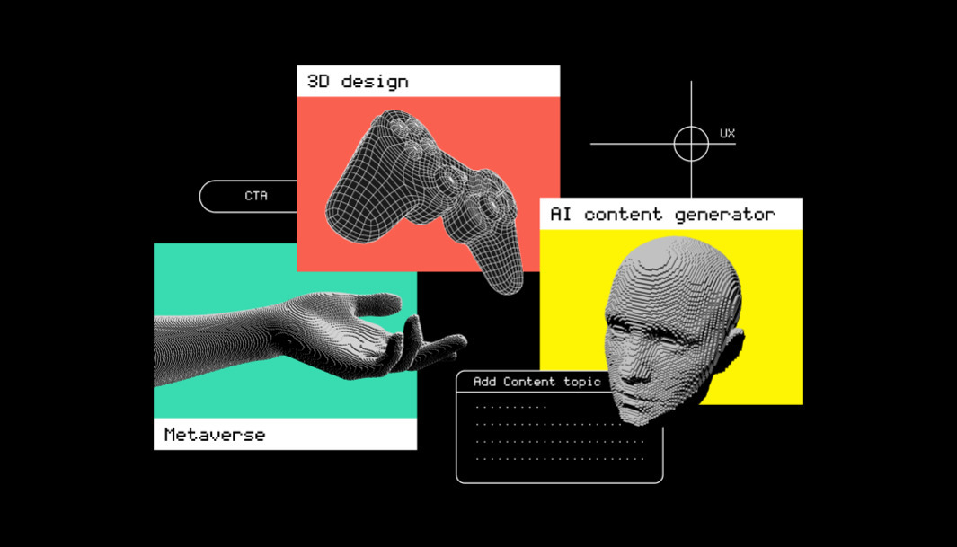 검은 배경에 3D 와이어프레임 스타일의 손, 게임 컨트롤러, 얼굴이 각각 'Metaverse', '3D design', 'AI content generator'라는 텍스트와 함께 컬러 박스 안에 배치되어 있는 이미지