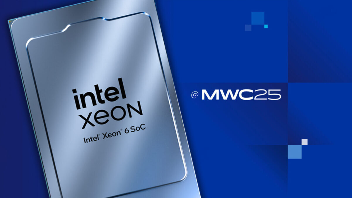 인텔 제온 6 SoC 프로세서 이미지와 파란색 배경에 'MWC25'라는 텍스트가 보임.