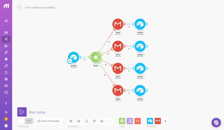 Airtable, Router, Gmail을 사용한 이메일 자동화 워크플로우 다이어그램. Airtable에서 데이터가 Router를 거쳐 여러 Gmail 계정으로 분기되어 전송되고, 각 Gmail 단계 후 다시 Airtable에 연결됨.