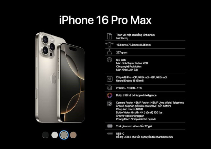 iPhone 16 Pro Max의 이미지와 주요 사양이 베트남어로 나열되어 있는 홍보 이미지. 사양에는 티타늄 소재, 6.9인치 Super Retina XDR 디스플레이, A18 Pro 칩, 최대 1TB 저장 용량, Apple Intelligence 지원, 다양한 색상 옵션 등이 포함됨.