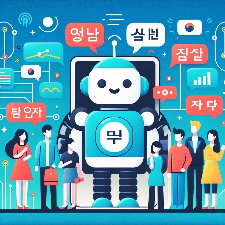 중앙에 귀여운 로봇이 있고, 주변에 여섯 명의 사람들이 서 있으며, 다양한 한국어 단어와 그래프 아이콘들이 배경에 떠 있는 밝고 미래적인 분위기의 일러스트