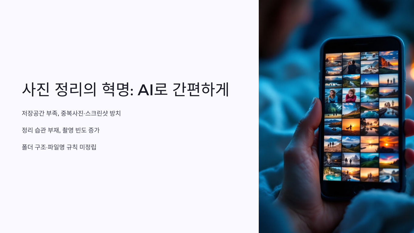 왼쪽에는 '사진 정리의 혁명: AI로 간편하게'라는 제목과 사진 정리의 어려움을 설명하는 문구가 적혀 있고, 오른쪽에는 여러 장의 사진 썸네일이 표시된 스마트폰을 손에 들고 있는 모습이 있다.