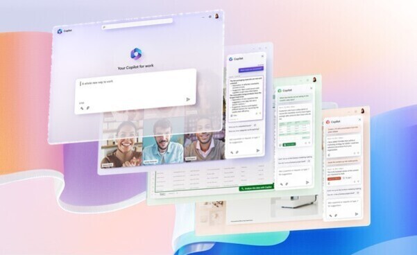 여러 개의 소프트웨어 인터페이스 창이 겹쳐진 형태로 배치되어 있으며, 그 중 일부는 화상회의 화면, 채팅창, 문서 작성 및 분석 도구 등 다양한 업무 관련 UI를 보여준다. 배경은 파스텔톤의 그러데이션으로 꾸며져 있다.