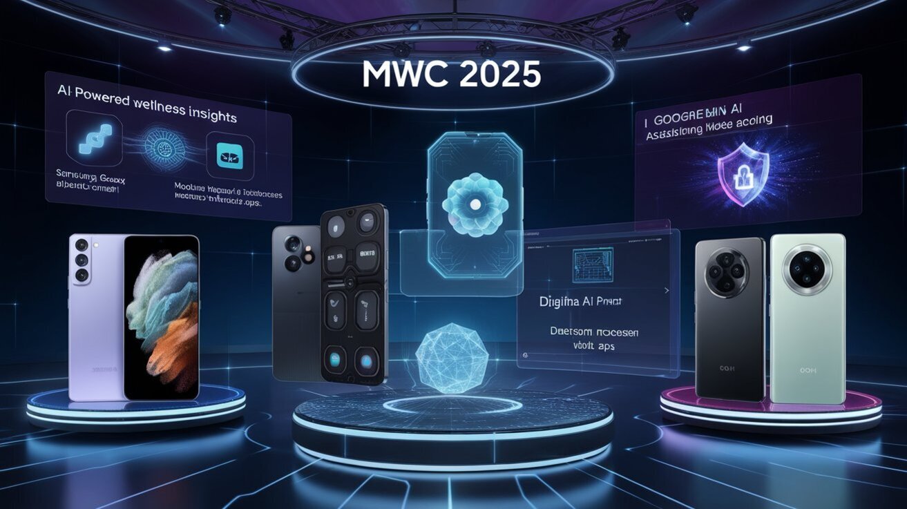 미래지향적인 무대에서 다양한 스마트폰과 AI 관련 그래픽, 'MWC 2025'라는 문구가 중앙에 크게 표시된 이미지