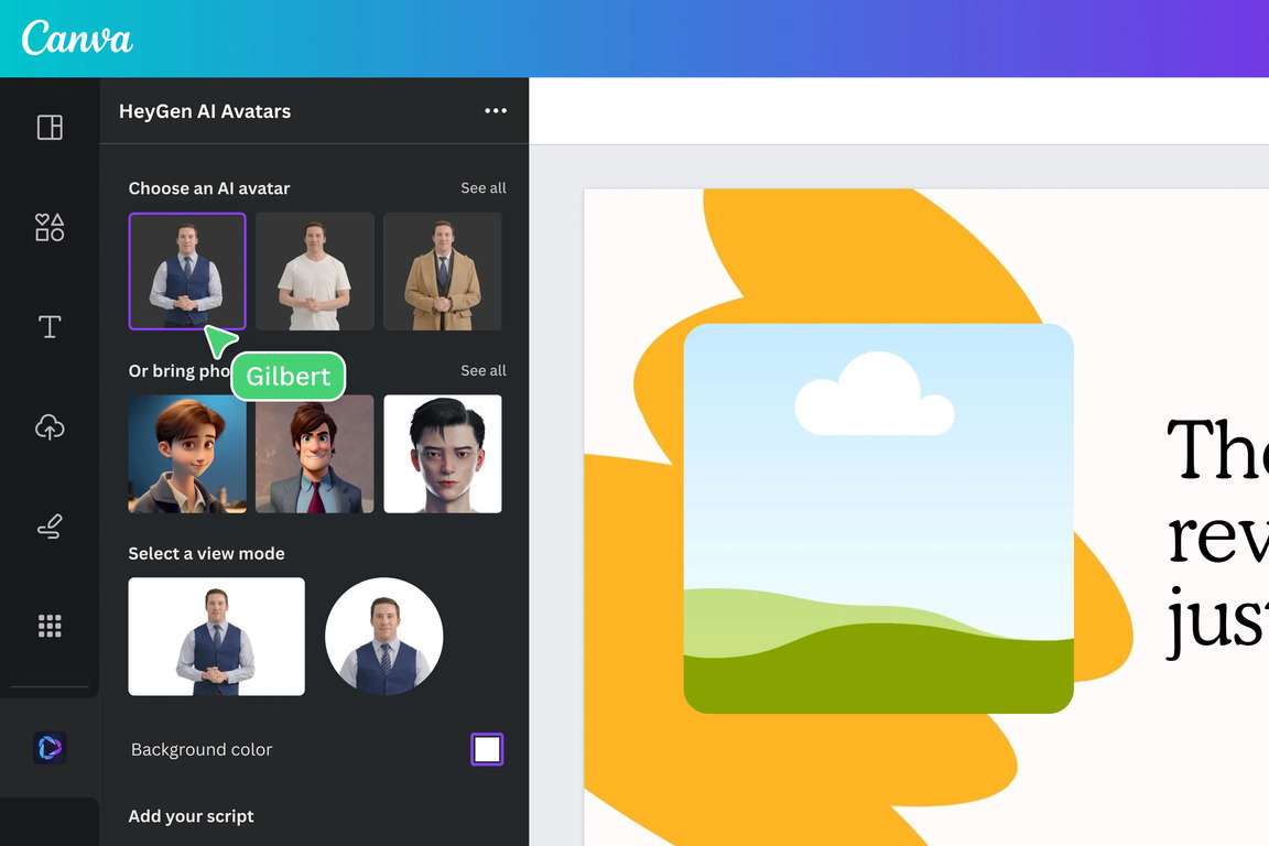 Canva의 HeyGen AI Avatars 메뉴가 열려 있고, 다양한 AI 아바타와 뷰 모드를 선택할 수 있는 화면. 'Gilbert'라는 이름이 표시된 아바타가 강조되어 있다.