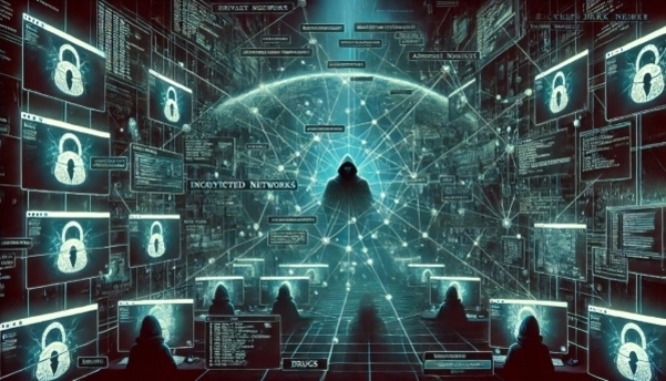 후드티를 입은 인물이 어두운 사이버 공간 중앙에 서 있고, 주변에는 자물쇠와 코드가 표시된 여러 컴퓨터 화면이 떠 있는 해킹 또는 사이버 보안 관련 이미지.
