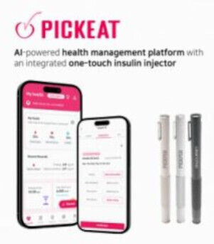 PICK EAT 로고와 함께 AI 기반 건강관리 플랫폼을 소개하는 이미지로, 모바일 화면에 건강 관리 앱이 표시되어 있고 오른쪽에는 다양한 색상의 인슐린 주사기가 놓여 있다.