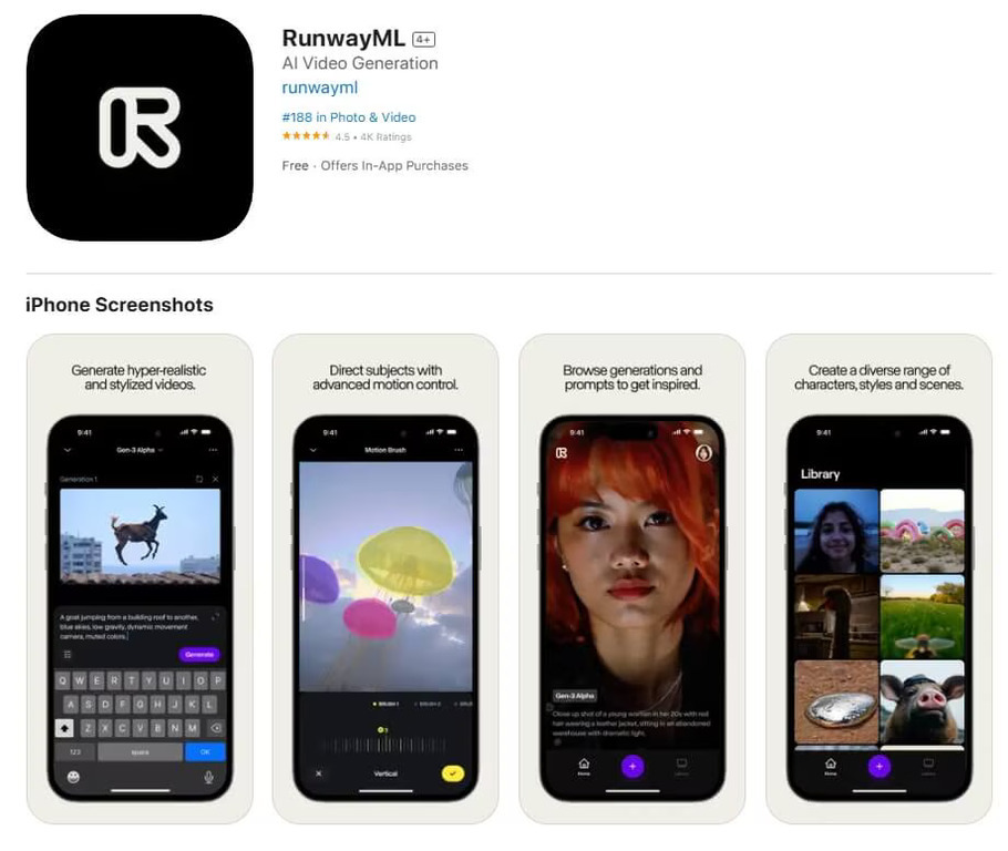 RunwayML 앱의 App Store 페이지로, 상단에는 앱 로고와 이름, 설명이 있고 하단에는 네 개의 아이폰 스크린샷이 있다. 첫 번째는 AI로 생성된 영상, 두 번째는 모션 브러시 기능, 세 번째는 인물 사진, 네 번째는 다양한 스타일과 장면의 라이브러리 화면을 보여준다.
