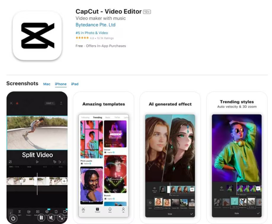 CapCut - Video Editor 앱의 앱스토어 페이지로, CapCut 로고와 함께 앱 이름, 개발사 정보, 평점, 무료 및 인앱구매 정보가 보인다. 아래에는 스크린샷 네 장이 있으며, 각각 동영상 분할, 다양한 템플릿, AI 생성 효과, 트렌디한 스타일 기능이 강조되어 있다.