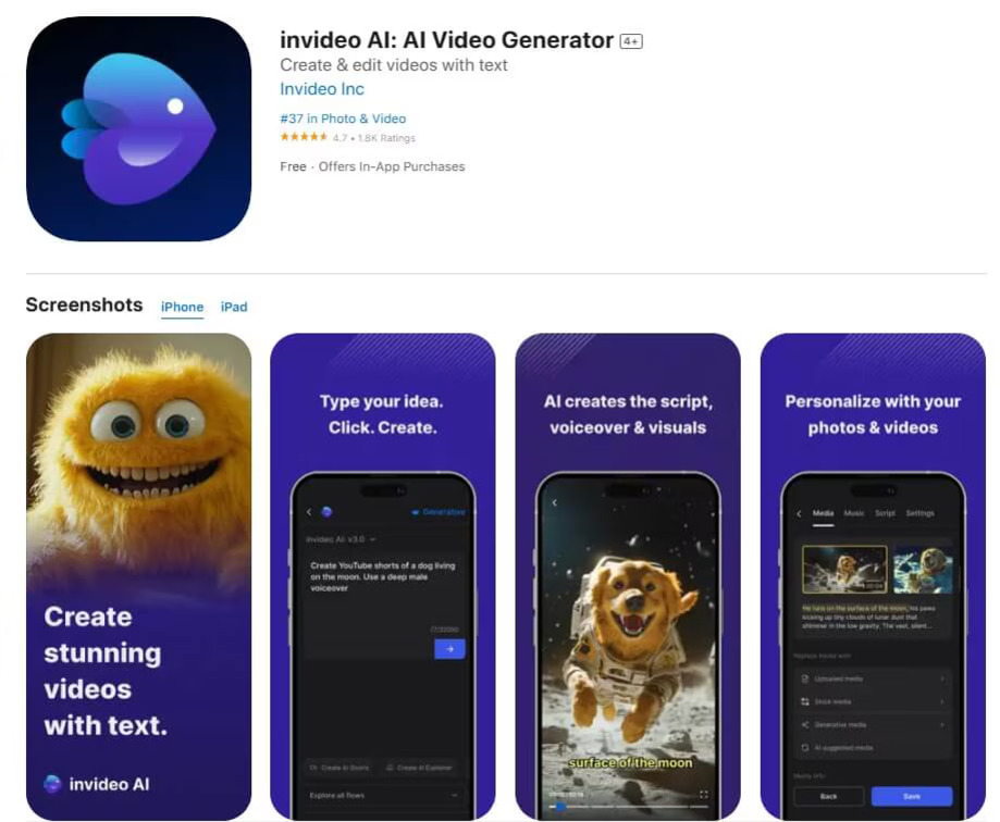 invideo AI: AI Video Generator 앱의 아이콘, 별점, 설명 및 다양한 기능을 보여주는 네 개의 스크린샷이 나열되어 있다. 스크린샷에는 노란색 털 인형 캐릭터와 우주복을 입은 강아지 이미지, 텍스트 입력 화면 등이 포함되어 있다.