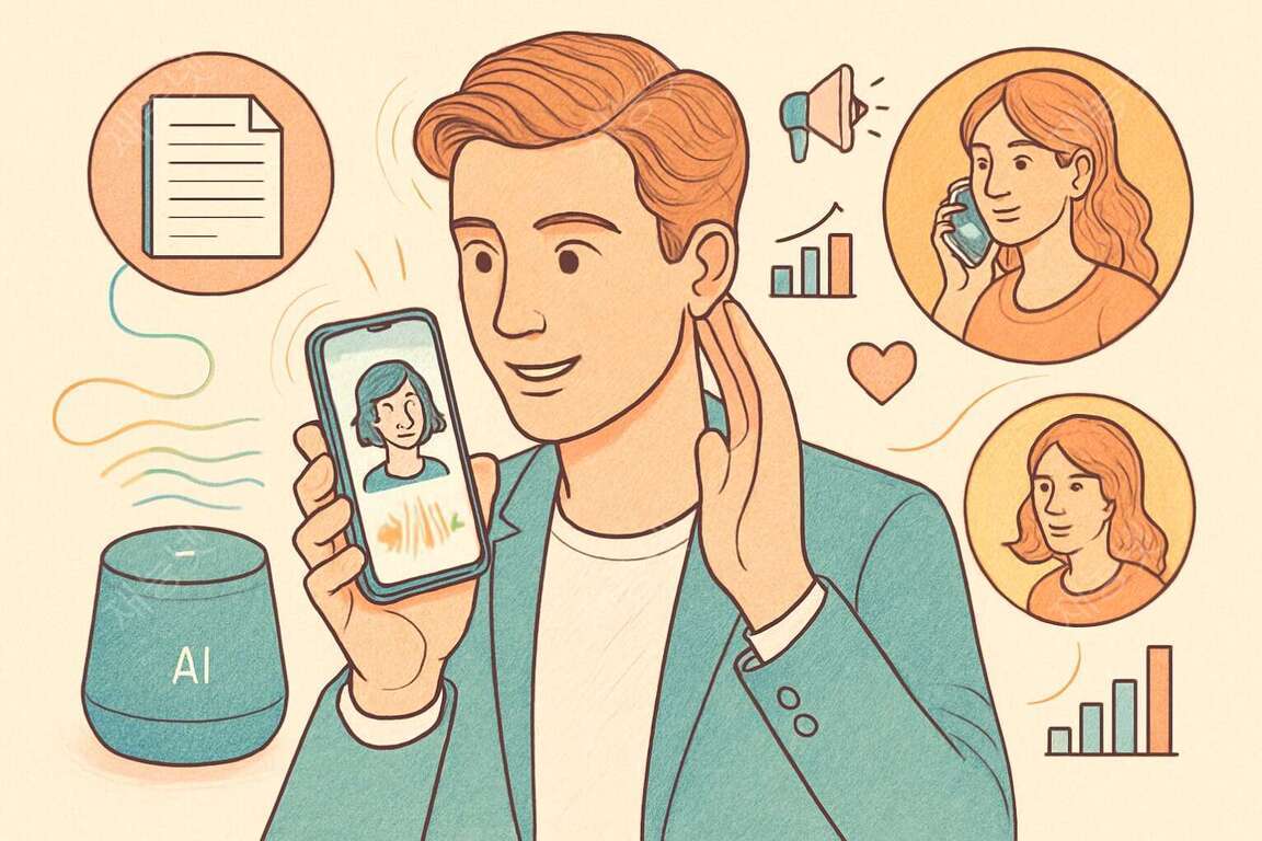 모바일 AI 음성비서 활용법: 일상과 업무를 혁신하는 스마트 가이드 5 스마트폰을 들고 통화하는 남성이 있으며, 주변에는 AI 스피커, 문서 아이콘, 그래프와 전화하는 여성 등의 아이콘이 함께 그려져 있다.