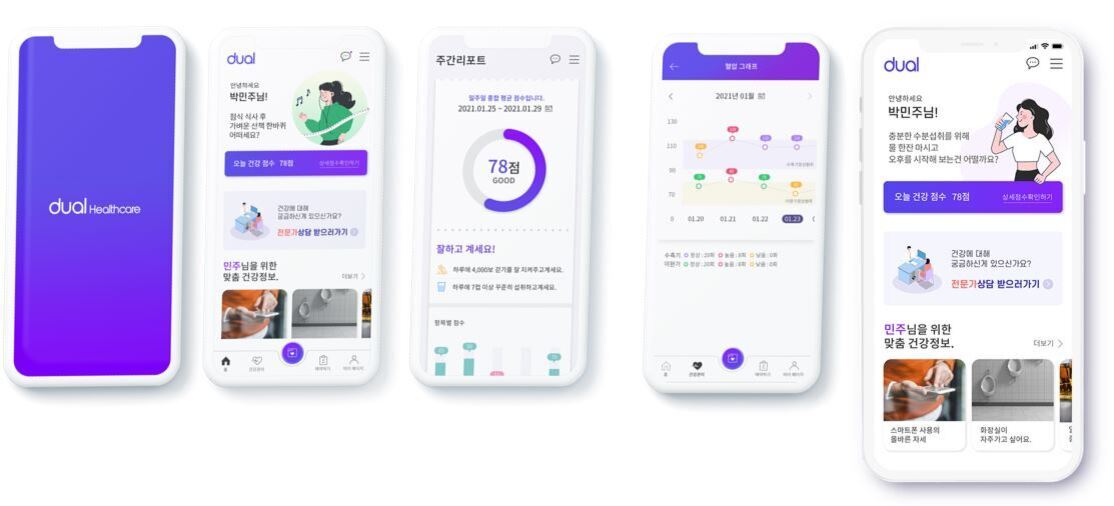 모바일 AI 건강관리 앱 활용법: 건강 트래킹부터 데이터 보안까지 8 듀얼 헬스케어 모바일 앱의 다양한 화면이 나열되어 있으며, 메인 로고 화면, 건강 점수와 주간 리포트, 건강 그래프, 전문가 상담 안내 등이 표시된 UI가 보인다.