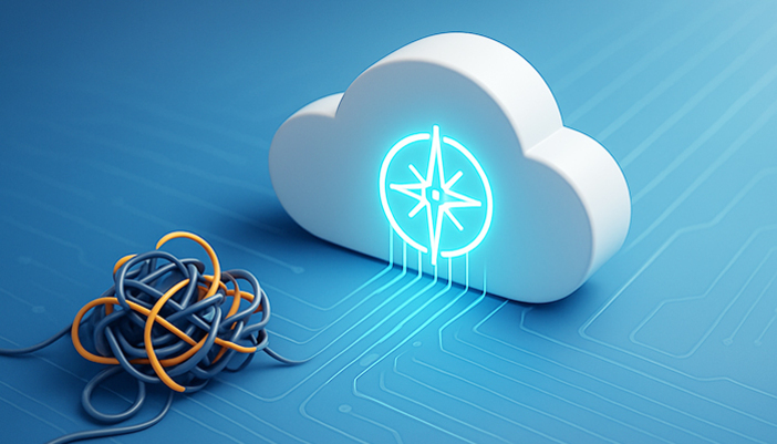 구름 모양의 오브젝트에 빛나는 나침반 아이콘이 그려져 있고, 옆에는 복잡하게 얽힌 실타래가 놓여 있다. 배경은 회로 패턴이 있는 파란색 바닥이다.