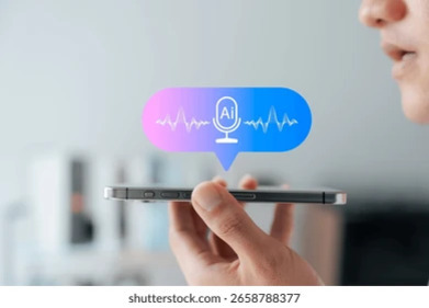 모바일 AI 음성비서 활용법: 일상과 업무를 혁신하는 스마트 가이드 2 한 사람이 스마트폰에 대고 음성 명령을 하고 있으며, 화면 위에 AI 마이크와 음성파 아이콘이 표시되어 있다.