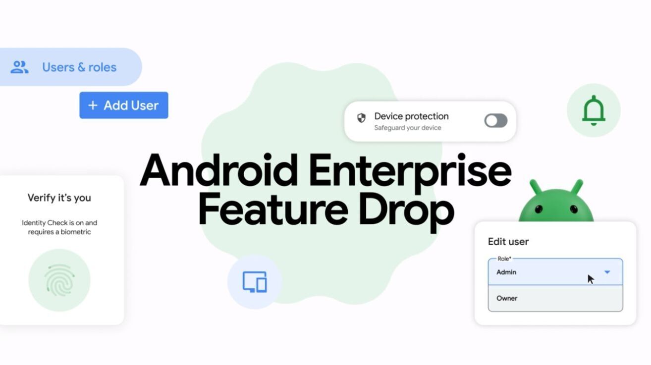 AI 보안 및 데이터 보호: 모바일 환경과 기업용 챗봇의 실전 대응 가이드 4 Android Enterprise Feature Drop라는 문구와 함께 사용자 추가, 기기 보호, 알림, 생체 인증 확인 등의 기능 UI 요소가 표시된 이미지