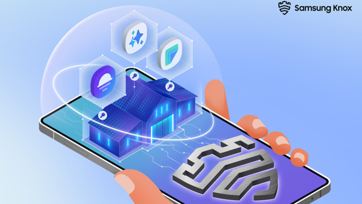 모바일 AI 프라이버시 및 보안 강화: 안전한 데이터와 앱 사용을 위한 실전 가이드 4 한 손에 쥔 스마트폰 화면 위에 디지털 집과 여러 아이콘이 떠 있고, 우측 상단에는 삼성 녹스(Samsung Knox) 로고가 보임.
