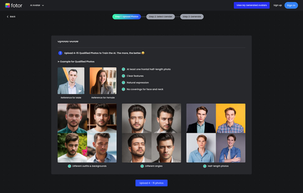모바일 AI 사진 편집 자동화로 손쉽게 완성하는 스마트 사진 관리 5 Fotor 웹사이트의 AI 아바타 생성 가이드 화면으로, 남성과 여성의 다양한 반신 사진 예시와 함께 적합한 사진 업로드 조건(정면, 명확한 특징, 자연스러운 표정, 얼굴과 목을 가리지 않음 등)을 안내하고 있다. 하단에는 사진 업로드 버튼이 있다.