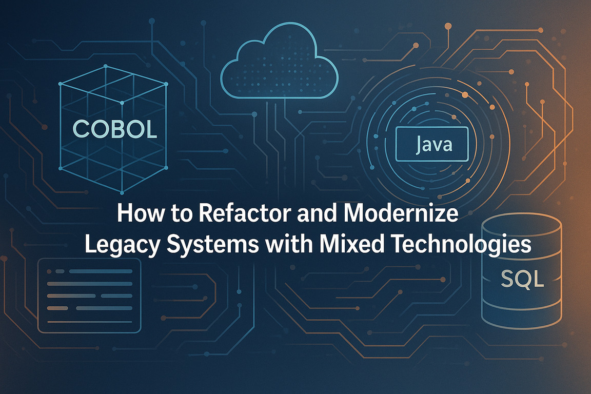 COBOL, Java, SQL과 같은 기술 아이콘들과 함께 'How to Refactor and Modernize Legacy Systems with Mixed Technologies'라는 문구가 있는 이미지