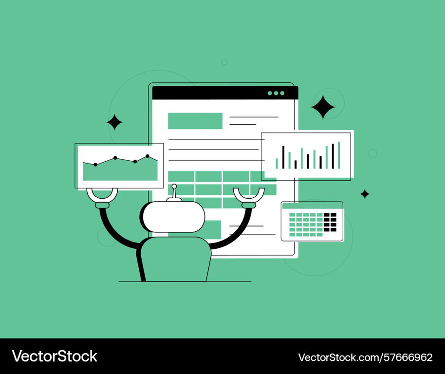 로봇이 여러 데이터 그래프와 표를 들고 있는 일러스트, 배경에는 웹 브라우저 창과 차트가 있음.