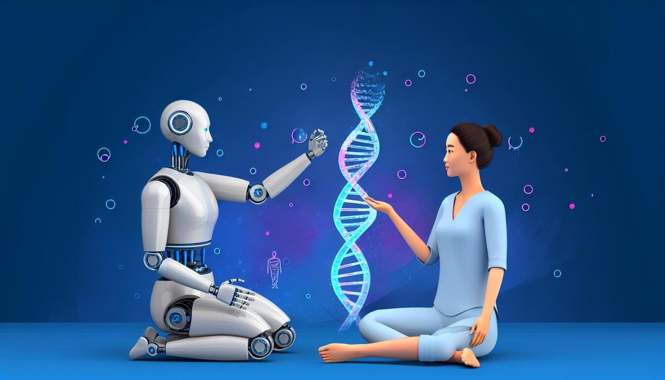 인공지능 윤리와 사회적 영향: AI 윤리 가이드라인과 사회적 책임의 실제 2 로봇과 사람이 마주 보고 앉아 중앙에 떠 있는 DNA 이중 나선을 함께 바라보는 장면.