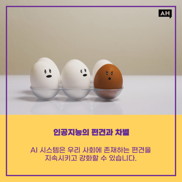 인공지능 윤리와 사회적 영향: AI 윤리 가이드라인과 사회적 책임의 실제 4 세 개의 흰색 달걀과 한 개의 갈색 달걀이 투명한 받침대에 놓여 있고, 각 달걀에는 표정이 그려져 있다. 아래에는 '인공지능의 편견과 차별'이라는 제목과 함께 AI 시스템이 사회적 편견을 지속 및 강화할 수 있다는 설명이 적혀 있다.