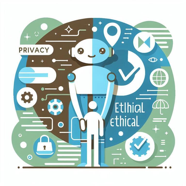 인공지능 윤리와 사회적 영향: AI 윤리 가이드라인과 사회적 책임의 실제 3 로봇과 사람이 손을 잡고 있는 그림, 배경에 'PRIVACY', 'ethical' 등의 단어와 자물쇠, 체크표시 등 프라이버시와 윤리를 상징하는 아이콘들이 있다.