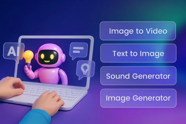 노트북 화면에 전구를 든 보라색 로봇이 나타나 있고, 오른쪽에는 'Image to Video', 'Text to Image', 'Sound Generator', 'Image Generator'라는 버튼이 배열되어 있다.
