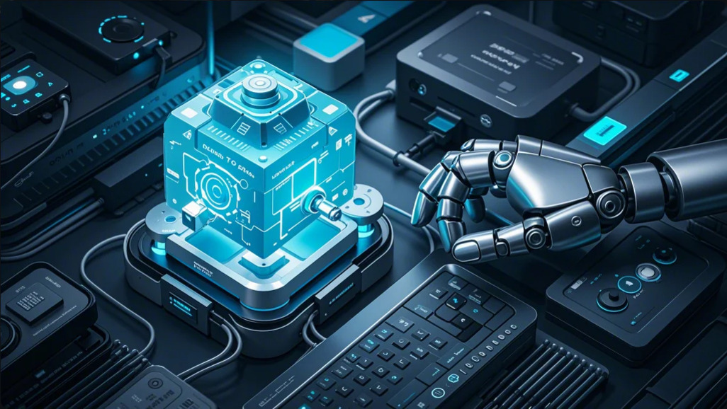 인공지능 자동화 도구로 업무 효율화 실현하기: 최신 AI 솔루션 가이드 8 로봇 손이 디지털 홀로그램 큐브를 조작하고 있는 미래형 작업 공간의 모습