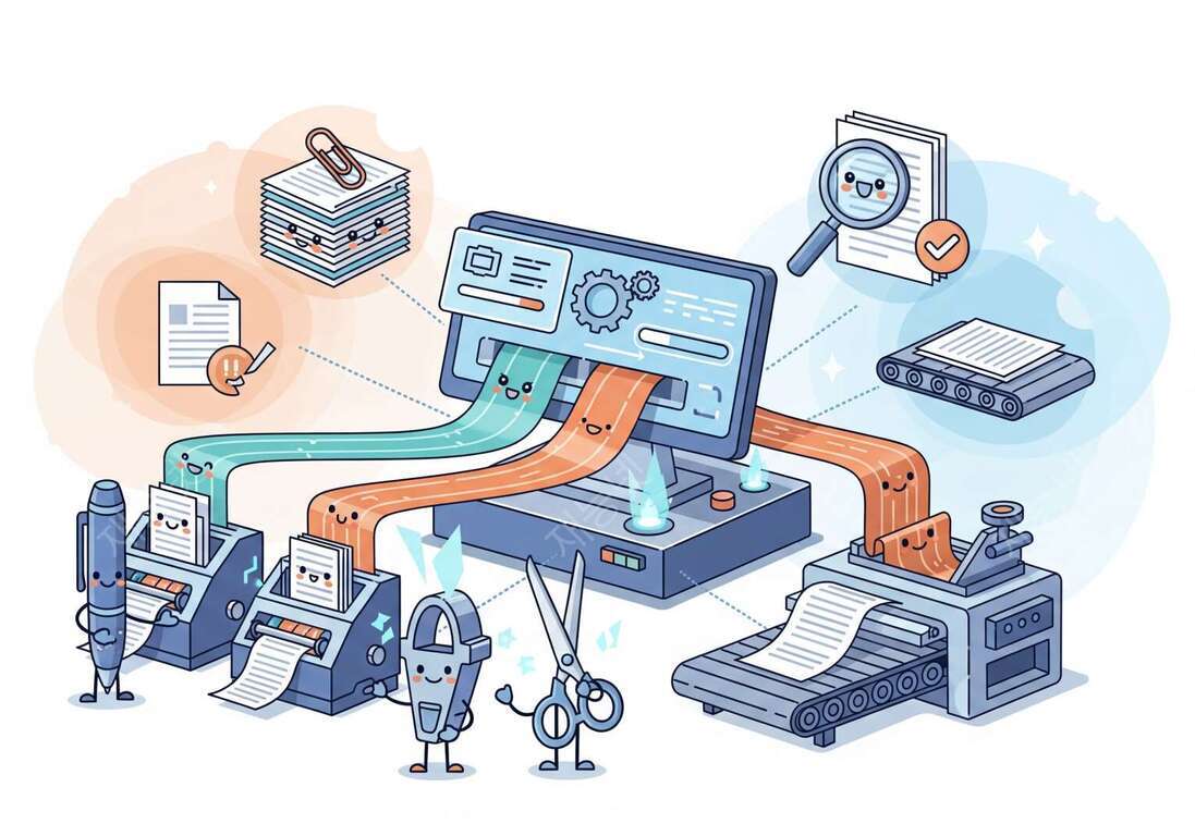 귀여운 표정이 있는 사무용품과 컴퓨터, 프린터, 종이들이 문서 작업 과정을 만화 스타일로 표현한 일러스트