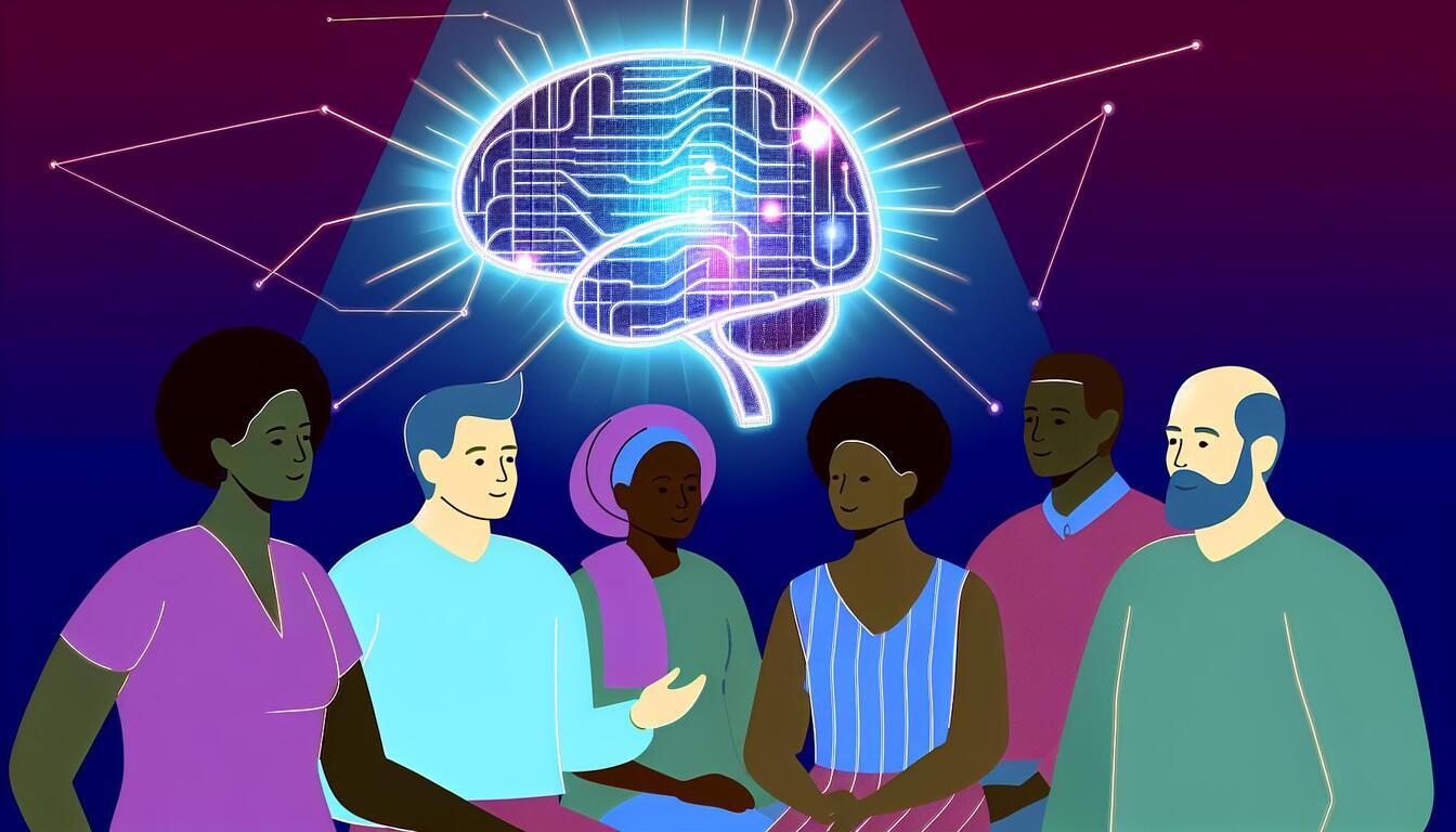 인공지능 윤리와 사회적 영향: AI 윤리 가이드라인과 사회적 책임의 실제 5 여러 인종과 성별의 사람들이 원을 이루어 앉아 대화하고 있으며, 그들 위에는 디지털 회로로 구성된 뇌 모양의 이미지를 중심으로 빛이 퍼지고 있다.